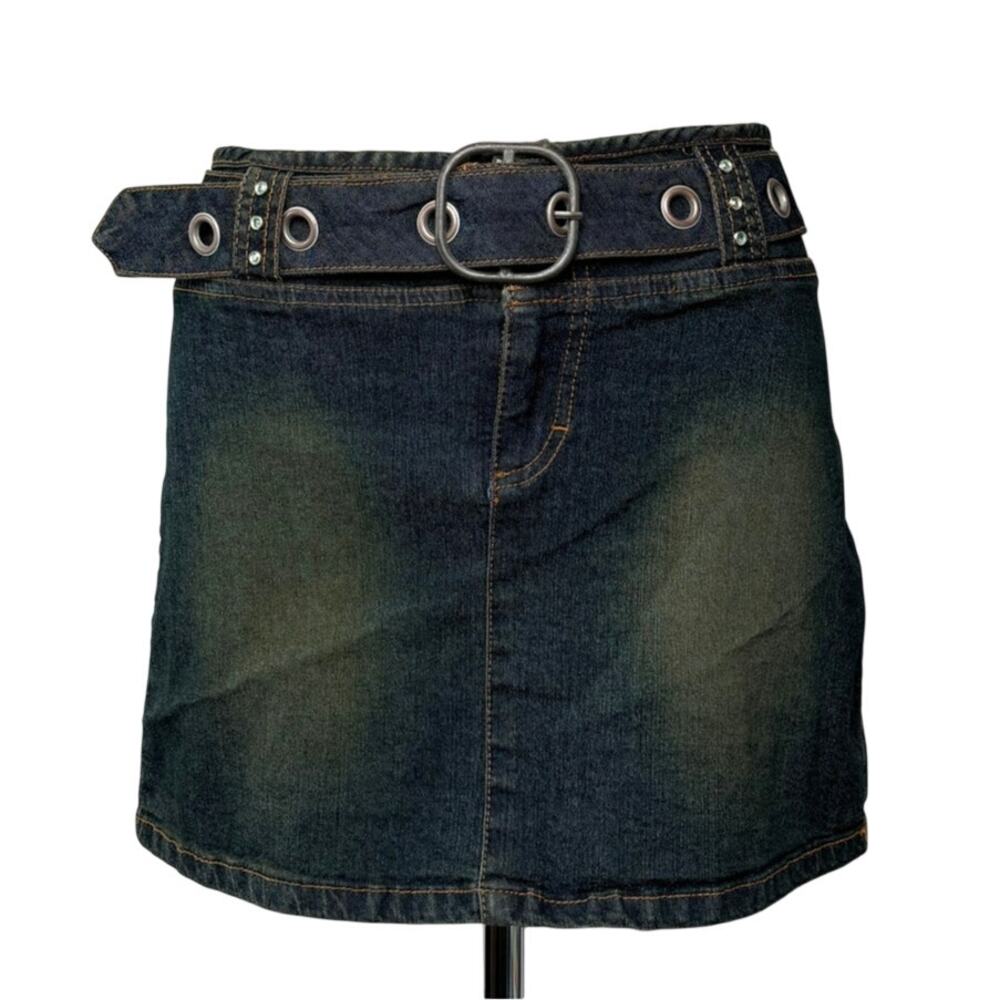 Gasoline Y2K Denim Mini Skirt Grommet Belt Rhinestone Accents Whimsygoth Size 5